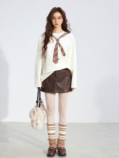 Pearl-Tie Printed Relaxed Long Sleeve T-Shirts
