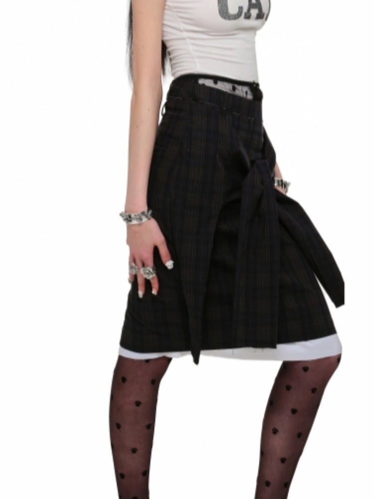 Contrast Plaid Knot Wrap Skirt