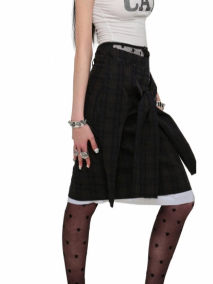 Contrast Plaid Knot Wrap Skirt