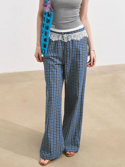 Blue Lace-Spliced Ruffled Plaid Wide-Leg Pants
