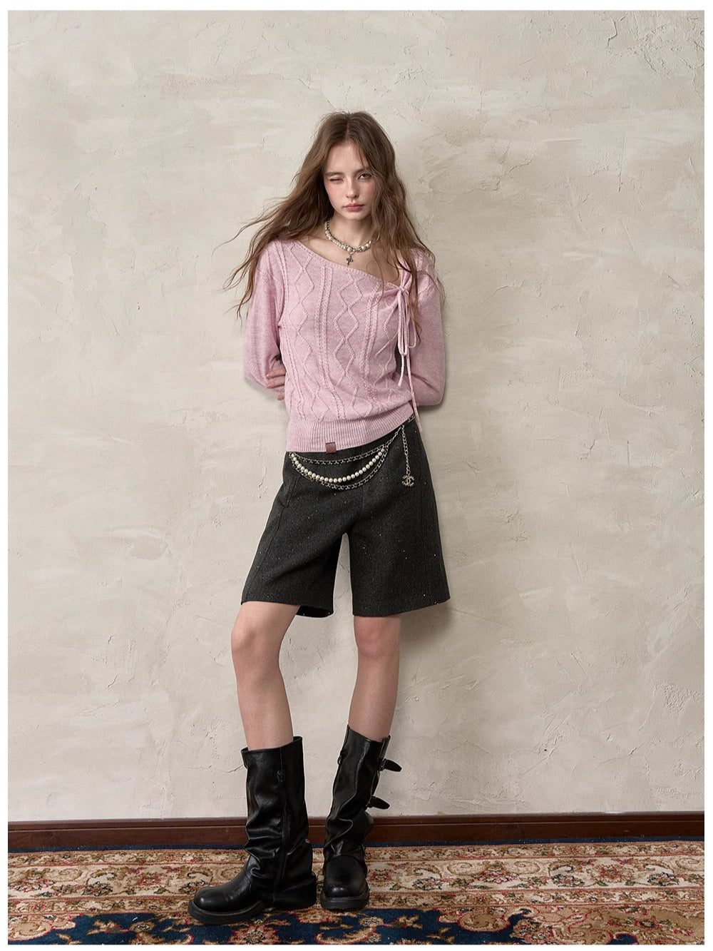 Asymmetrical Tie-Neck Cable Knit Sweater