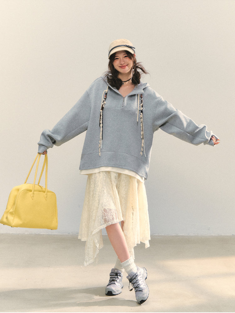 Fake Two-Piece Flower Embroidery Hat Cord Pullover Hoodie - CHINASQUAD