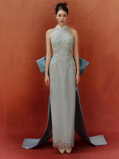 Ice Blue Embellished Halter Cheongsam Gown with Oversized Bow Train