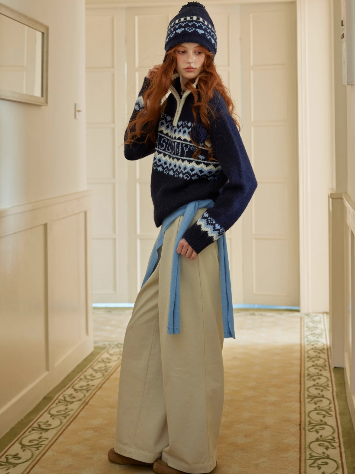 Plaid Cuff Belted High-Waist Wide-Leg Pants