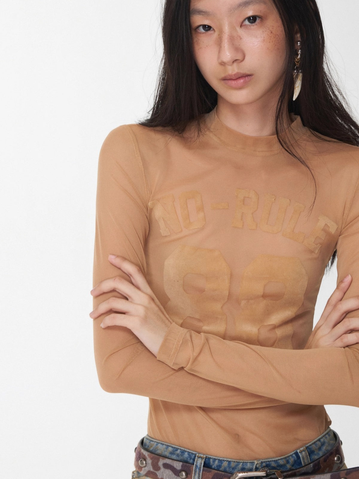 Velvet-Textured Sport Print Mesh Blouse