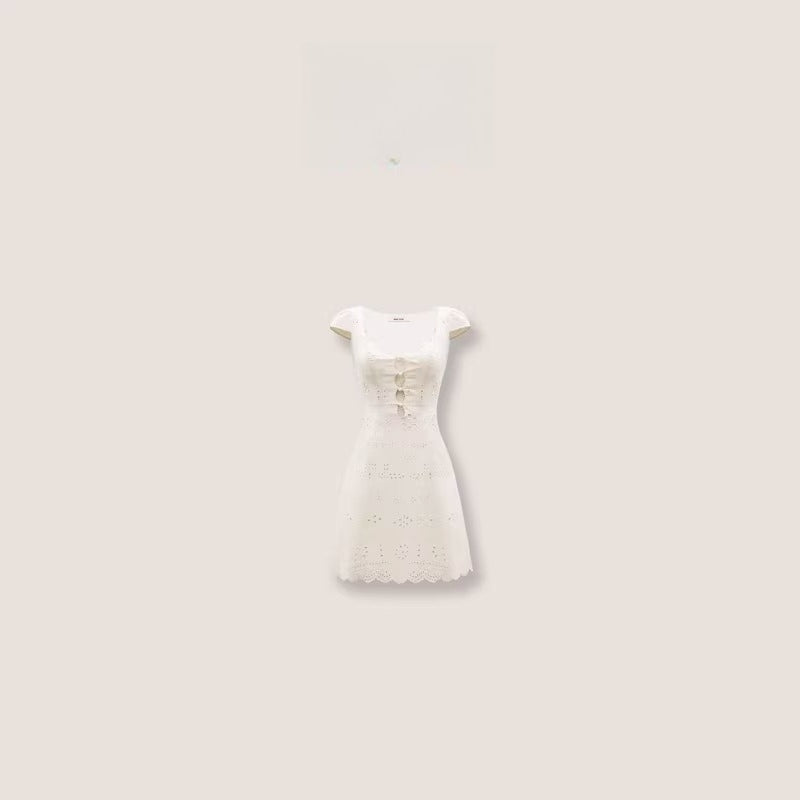 Cream White Lace-Panel Slim Fit Textured Dress