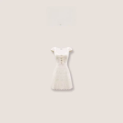 Cream White Lace-Panel Slim Fit Textured Dress