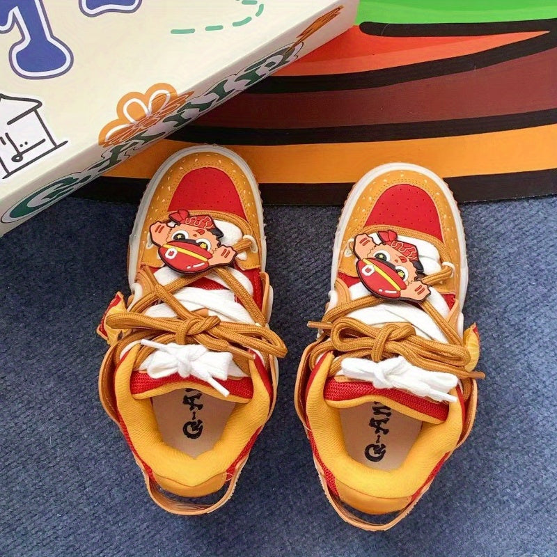 Orange Burger Embroidered Lettering Low-Top Skate Sneakers