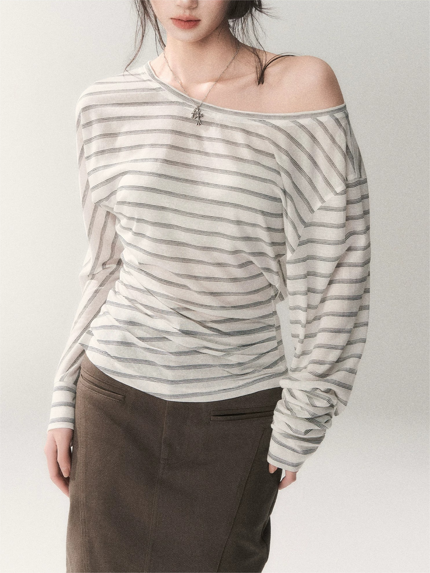 Asymmetric Off-Shoulder Striped Tencel Slim-Fit Long Sleeve Top