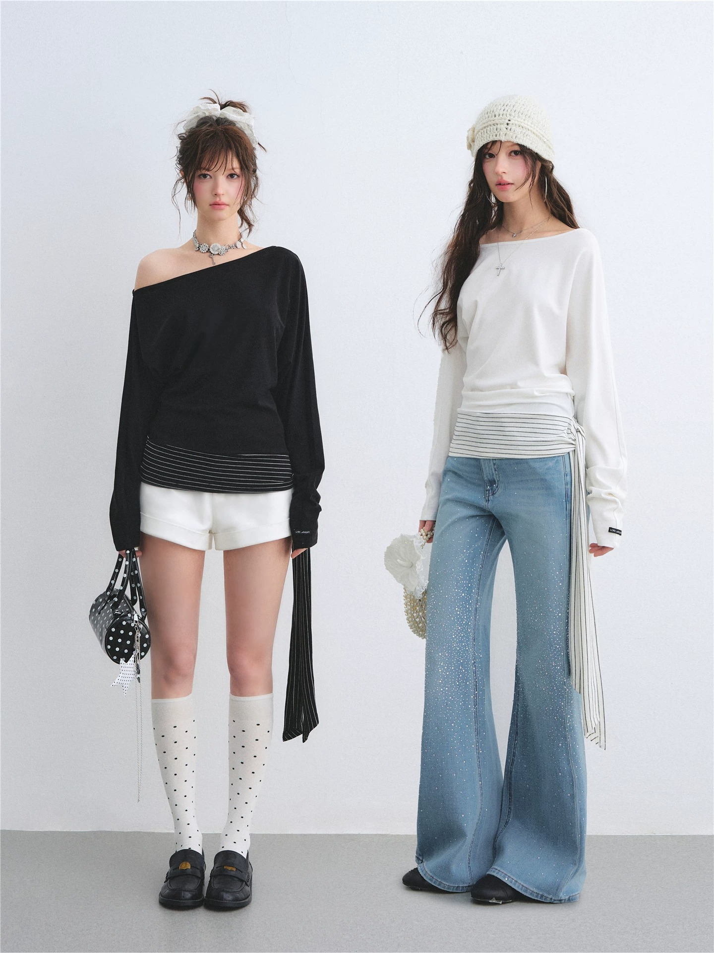 Asymmetric Batwing Sleeve Striped Tie-Hem Long Sleeve Top