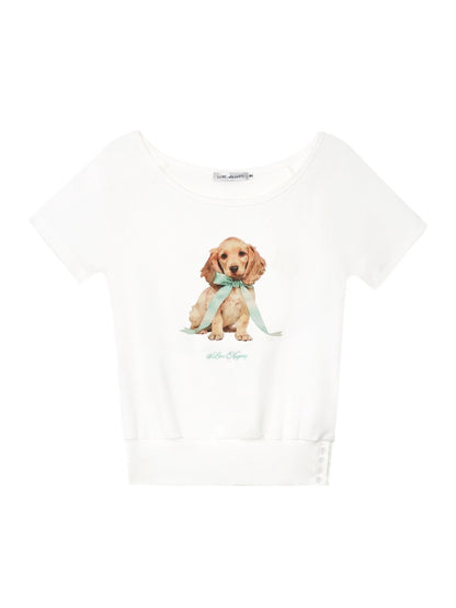 Asymmetric Shoulder Bow Puppy Printed T-Shirt - CHINASQUAD