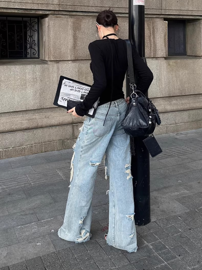 Straight-Leg Distressed Denim Jeans