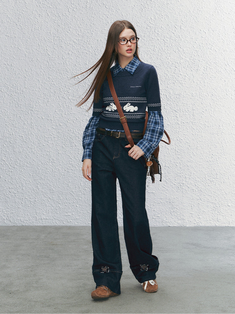 Embroidered Wide-Legged Flared Denim Pants