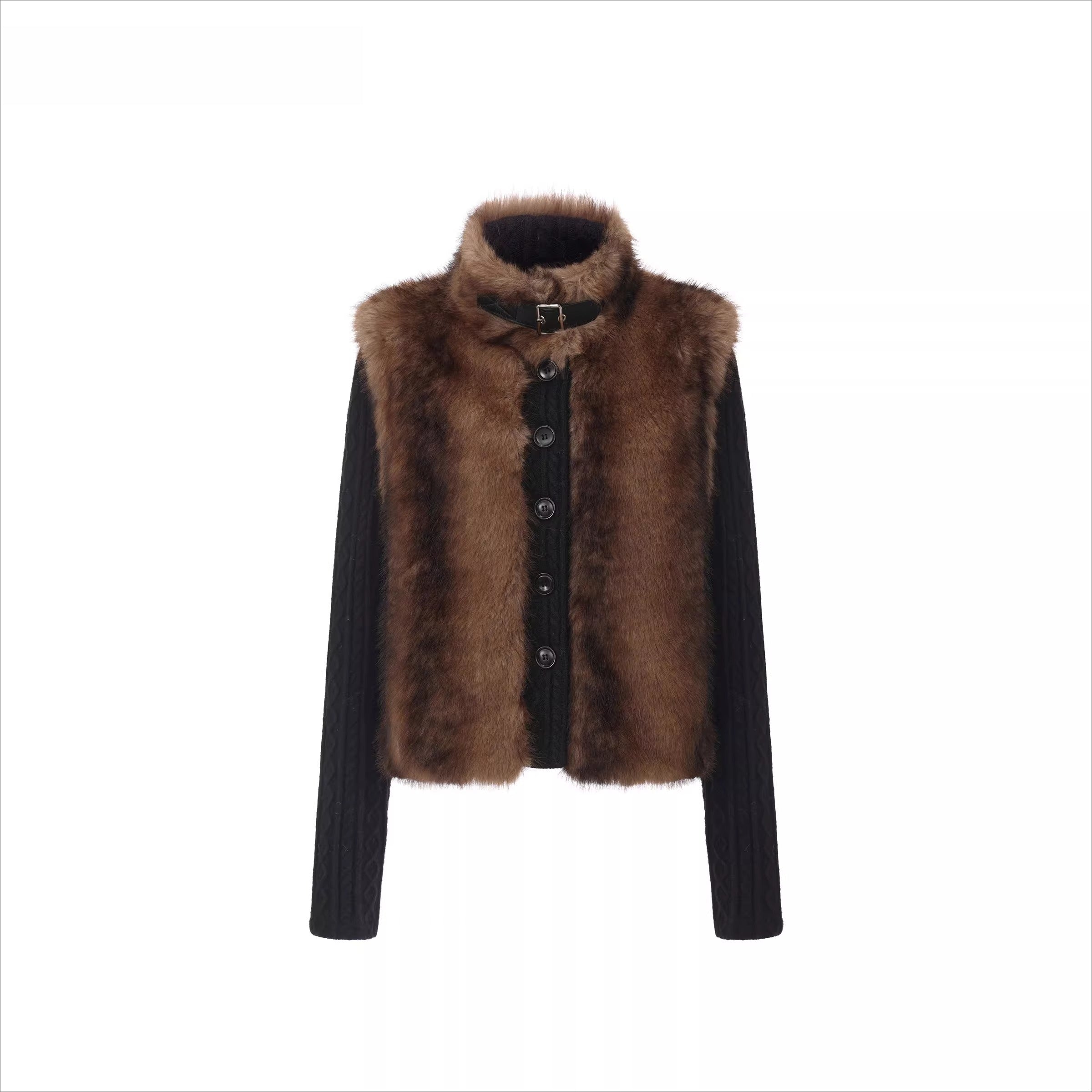 Detachable Sleeve Knit Eco-Fur Jacket