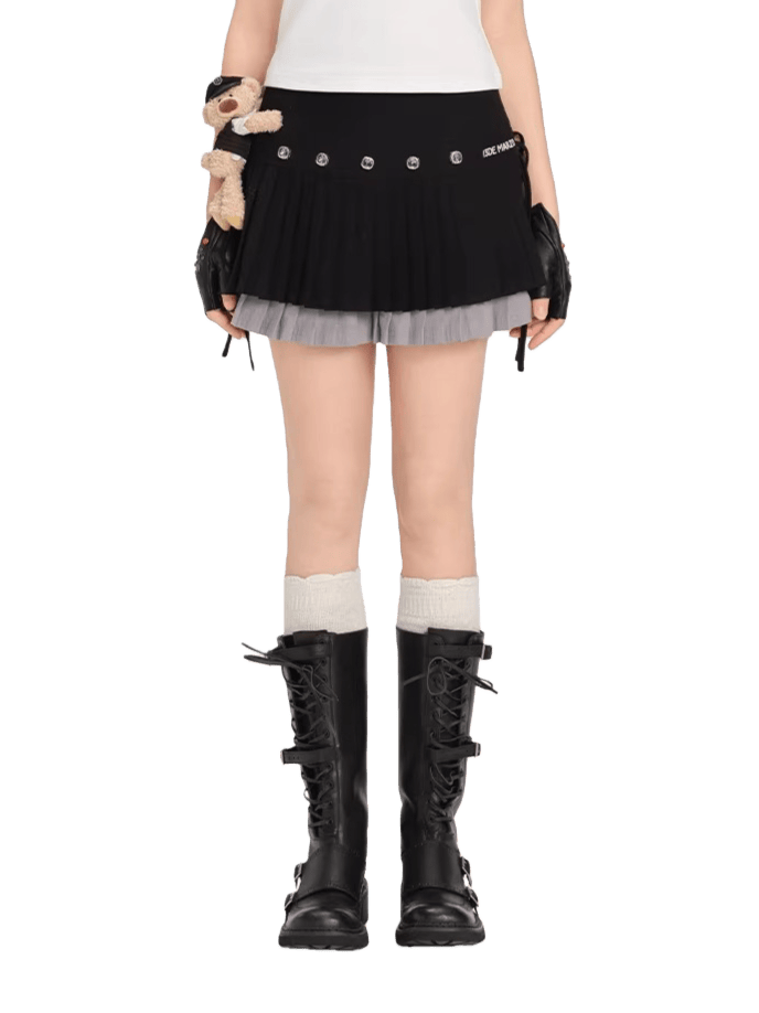 Rhinestone-Embellished Double-Layer Pleated Mini Skirt