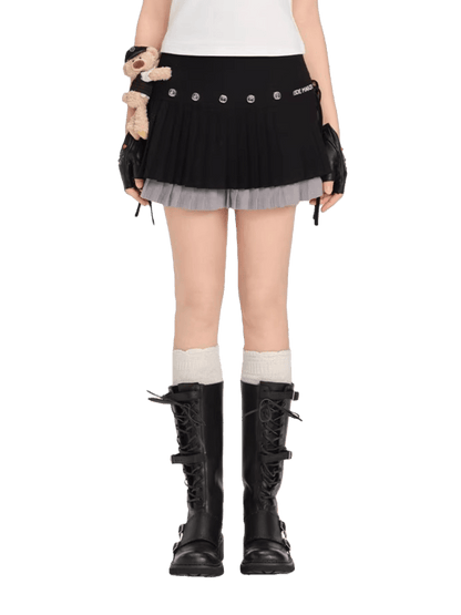 Rhinestone-Embellished Double-Layer Pleated Mini Skirt