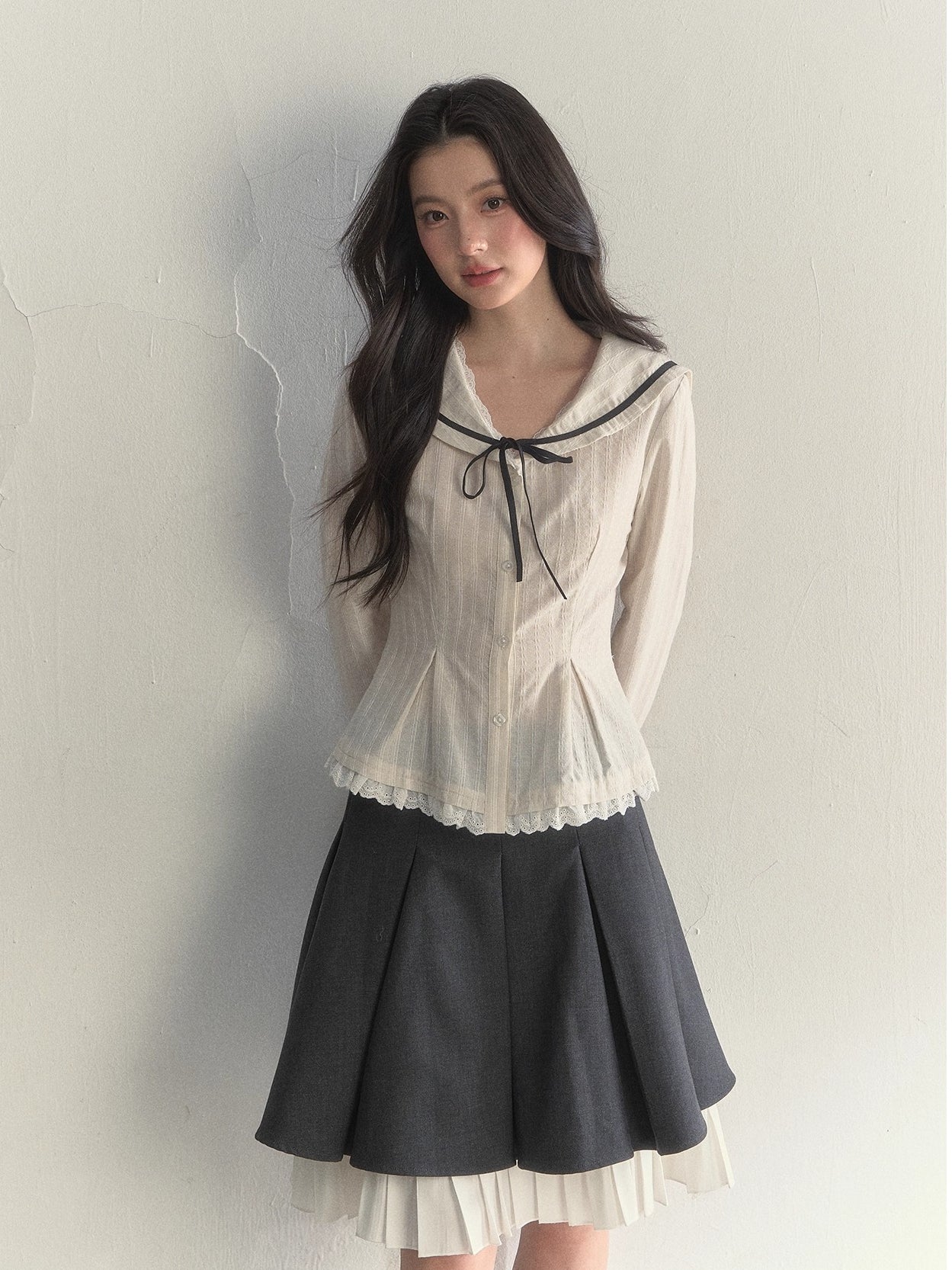 Nautical Texture Beige Fitted Blouse