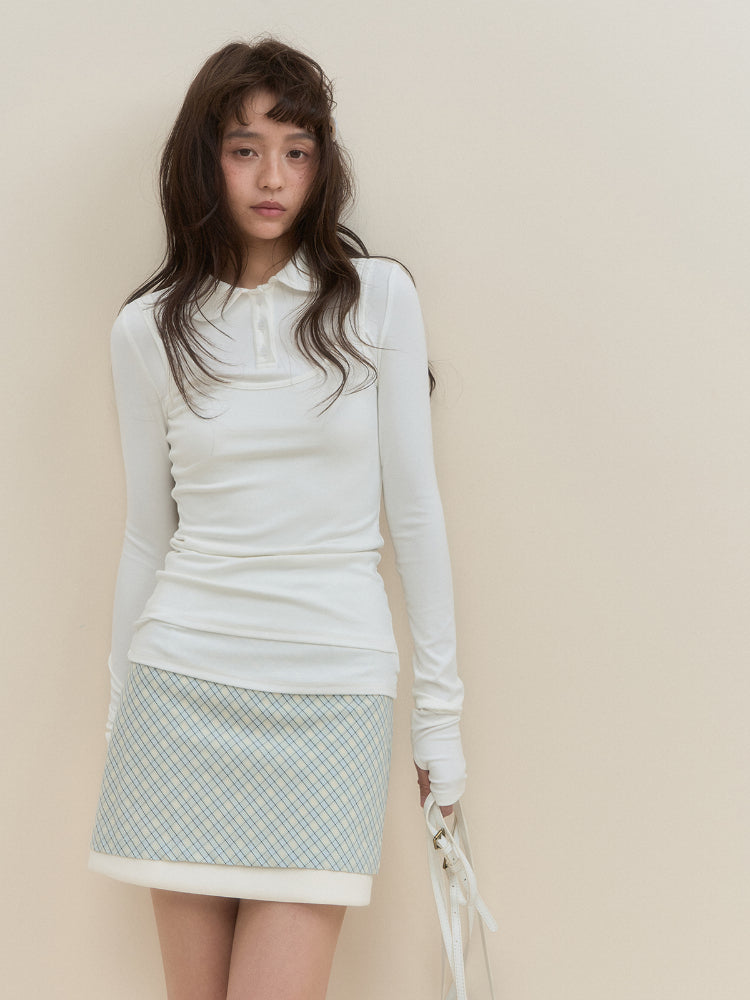 White &amp; Blue Collared Knit Top &amp; Skirt Set