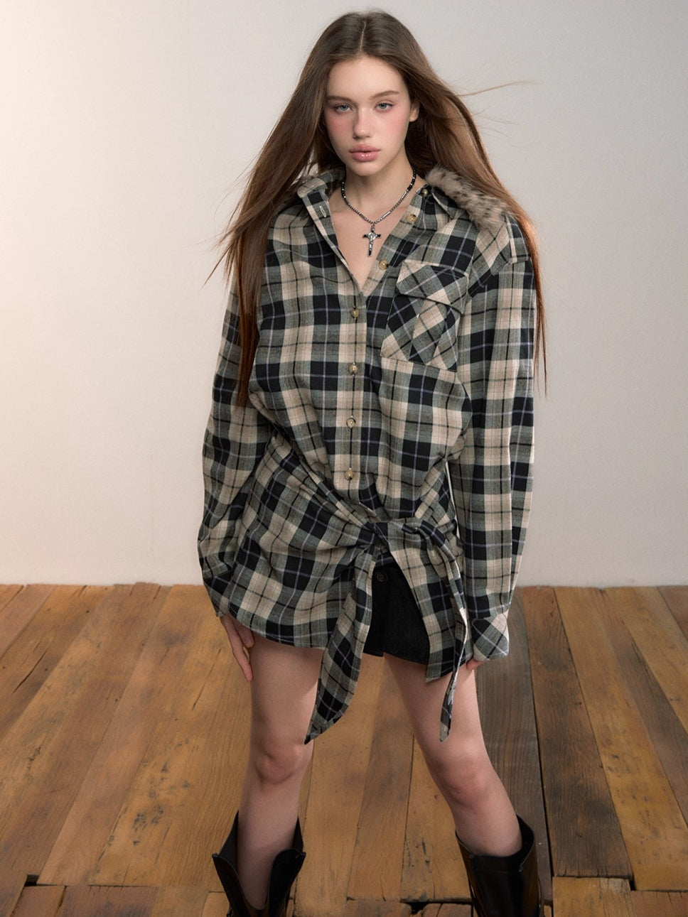 Plaid Detachable Fur Collar Two-Piece Shirt Set