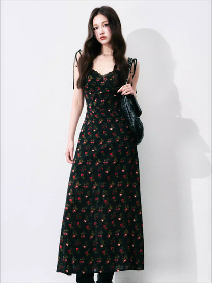 Vintage Floral Tie-Waist A-Line Maxi Dress