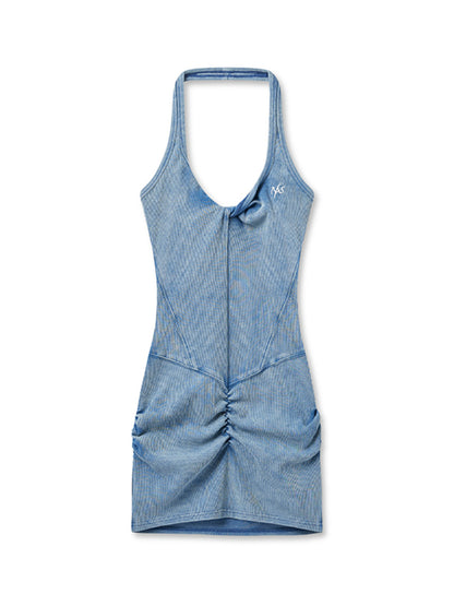 Vintage U-Neck Slim Halter Denim Dress - CHINASQUAD