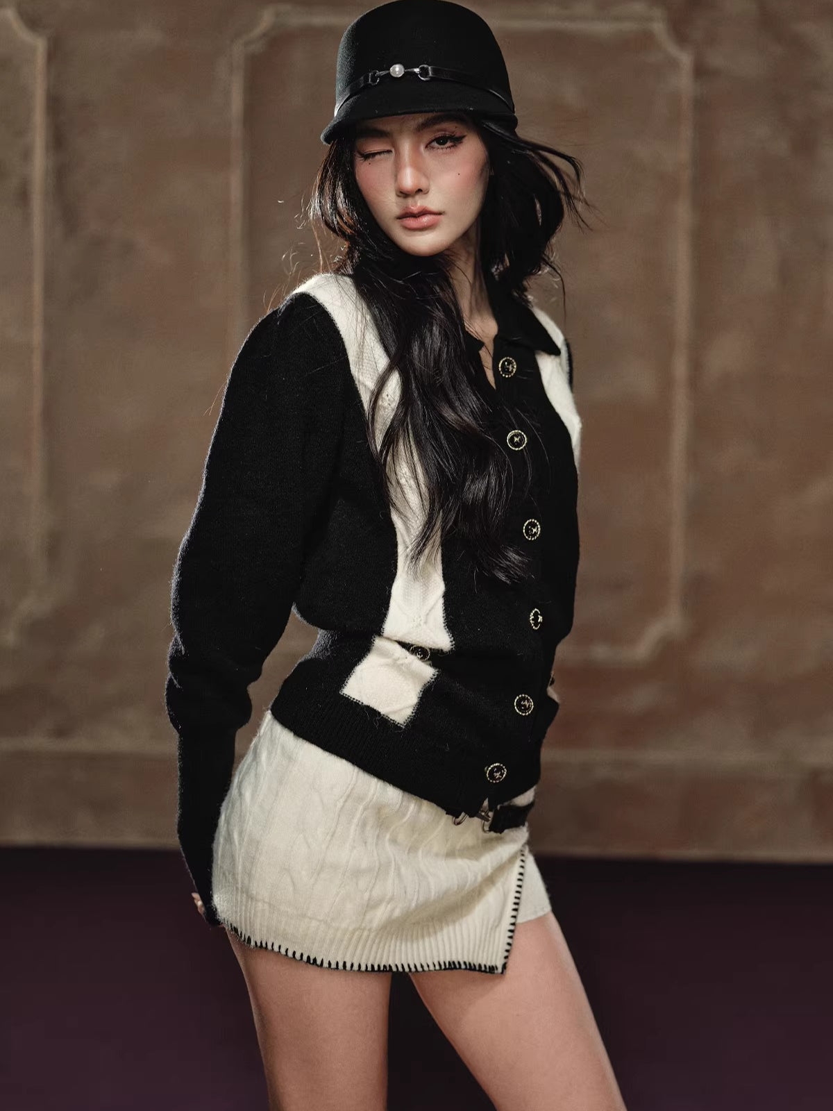 Tweed Knit Sweater &amp; Belted Mini Skirt Set