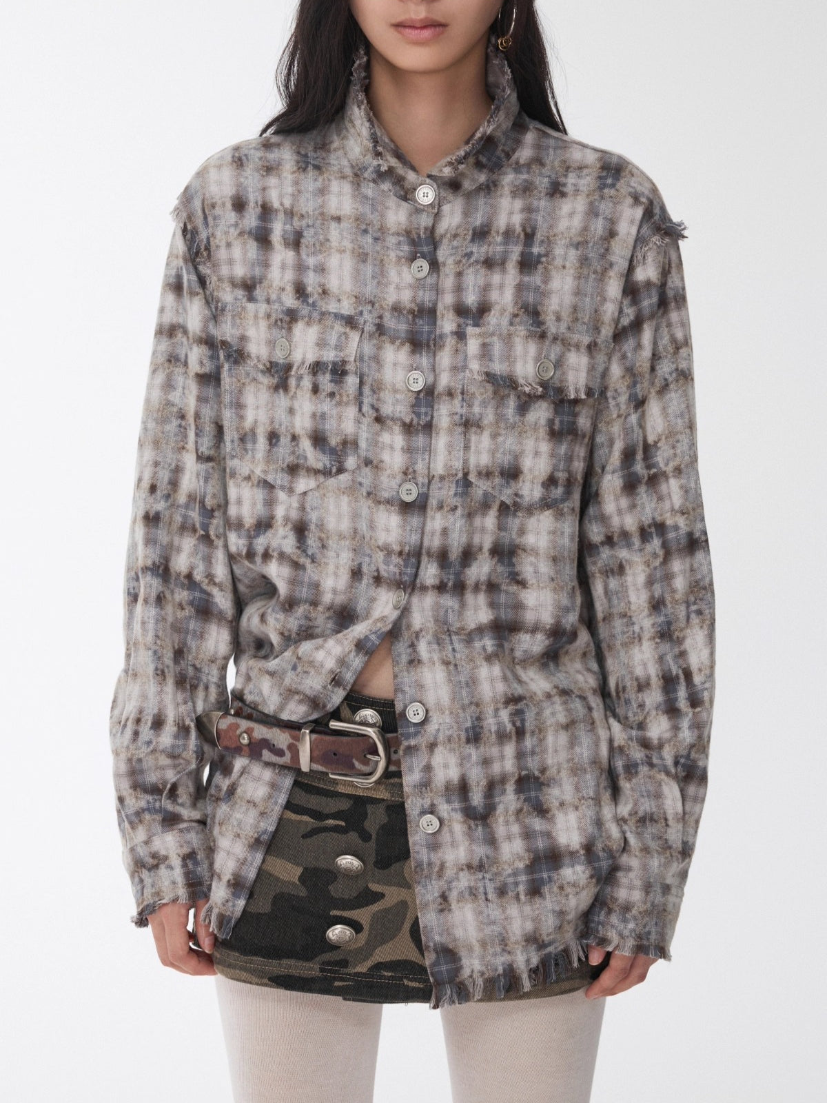 Washed Plaid Frayed-Edge Fitted Shirt