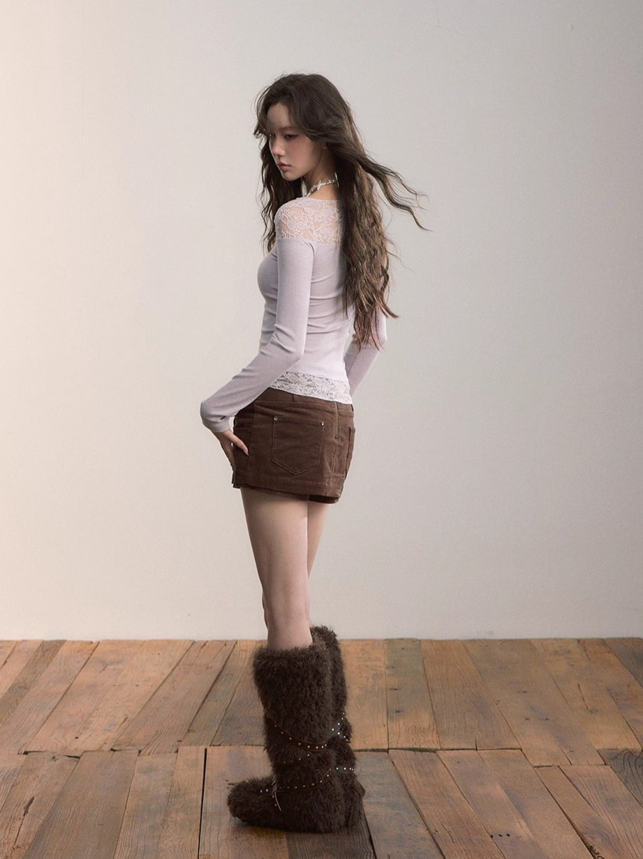 Lace-Trimmed Rib Knit V-Neck Knitwear