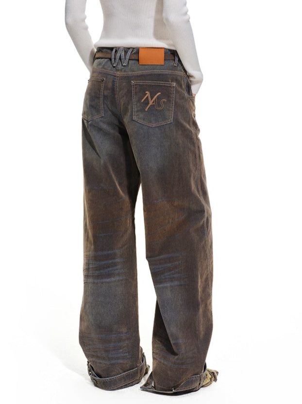 Terracotta Velvet-Washed Wide-Leg Jeans