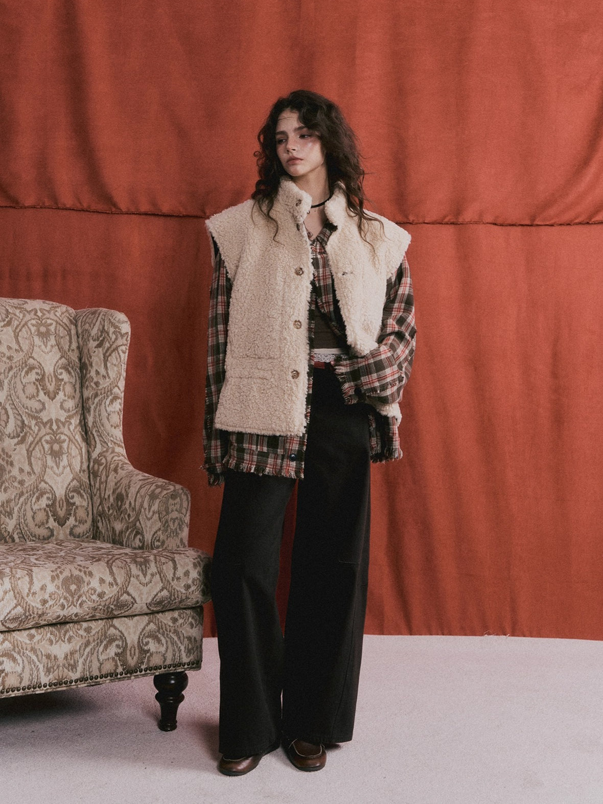 Wool Blend Checkered Contrast Fringe Shirt