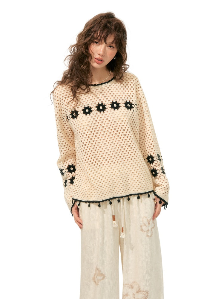Hollow Out Pullover Crochet Crewneck - CHINASQUAD
