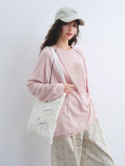 Lyocell Wool-Blend Raglan Sleeve Lace Hem Printed T-Shirt
