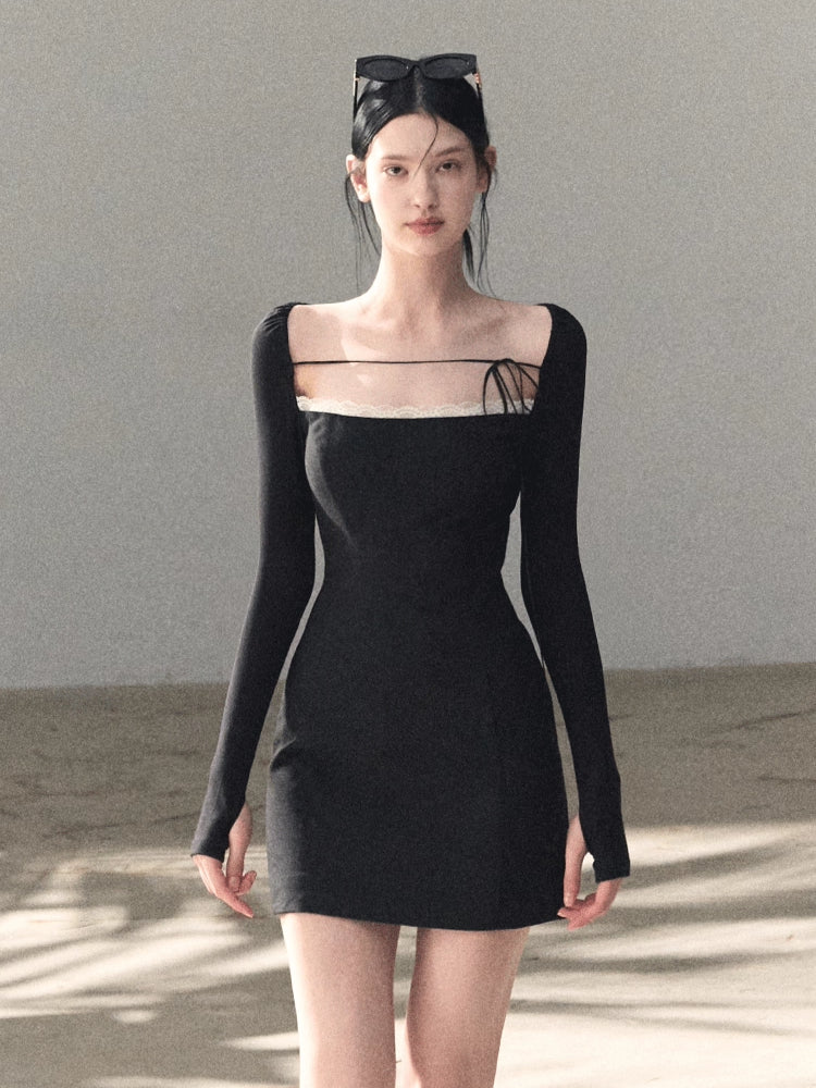 Slim-Fit Black Waist-Cinched Long-Sleeve Dress