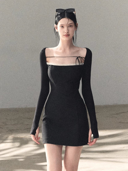 Slim-Fit Black Waist-Cinched Long-Sleeve Dress