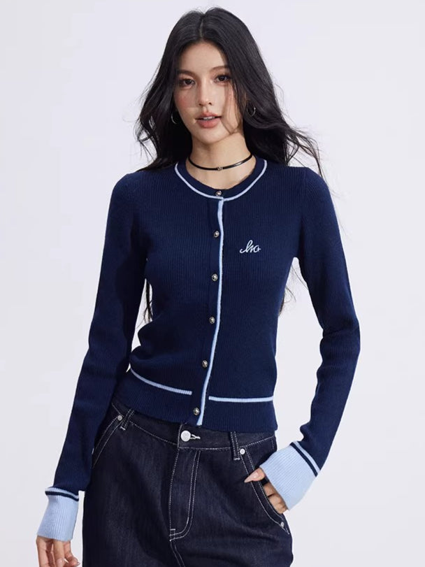 Contrast-Trim Slim-Fit Knit Cardigan