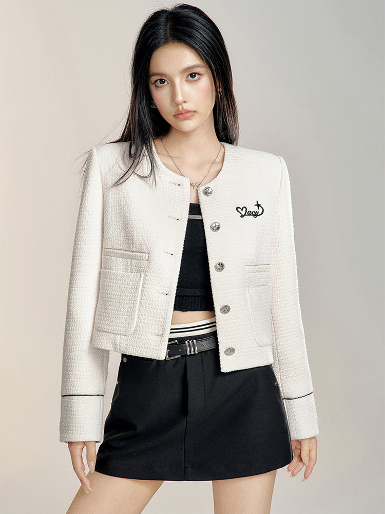 Black &amp; White Round Neck Cropped Jacket