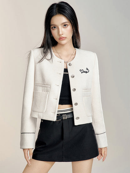 Black &amp; White Round Neck Cropped Jacket