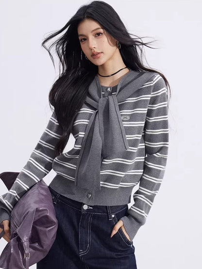 Striped Knit Cardigan &amp; Shawl Two-Piece Set