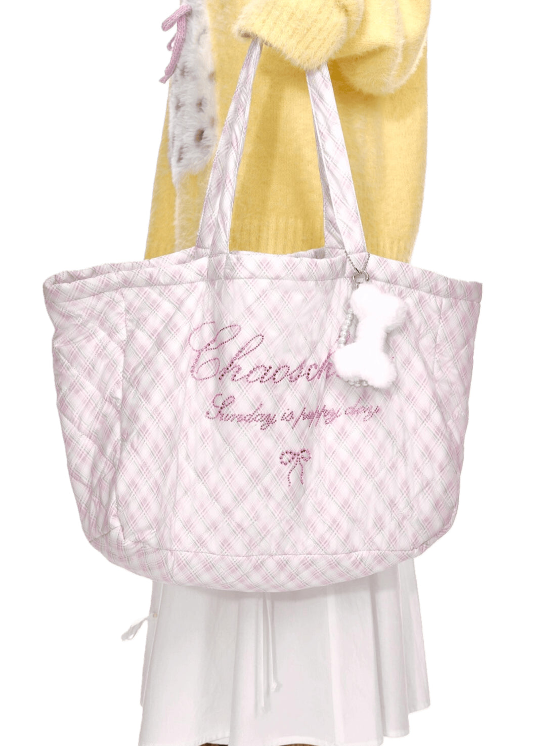 Crystal-Embellished Plaid Large Tote Bag