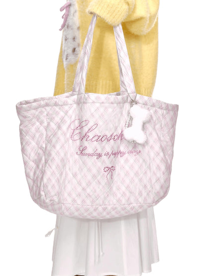 Crystal-Embellished Plaid Large Tote Bag