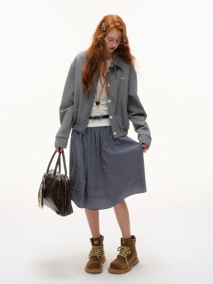 Plaid Panel Embroidered Collar Jacket