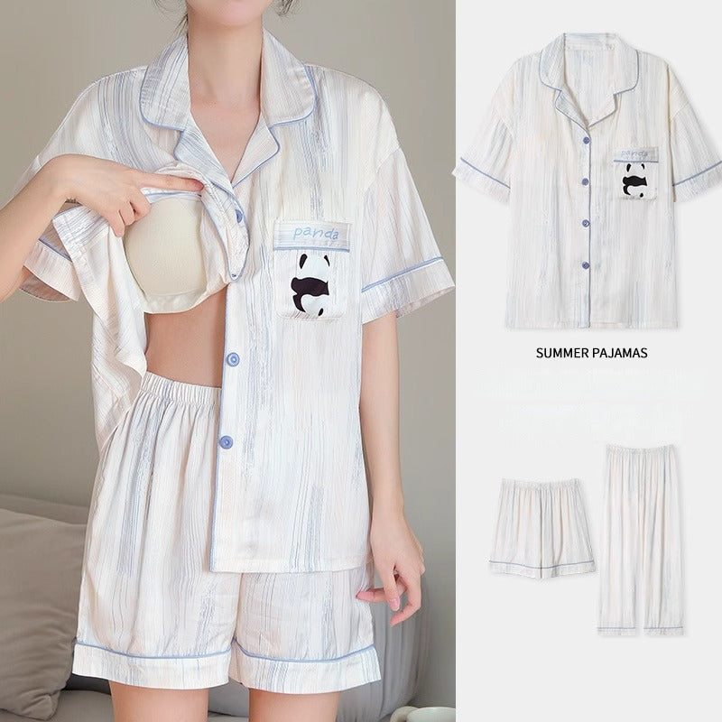 Three-piece Set of Silk Short-sleeved Pajamas