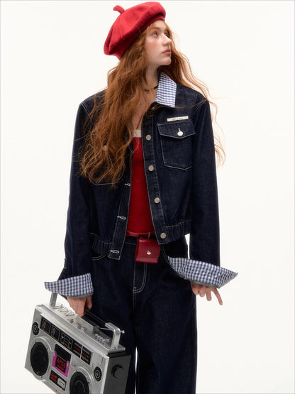 Retro Plaid Stitch Denim Jacket