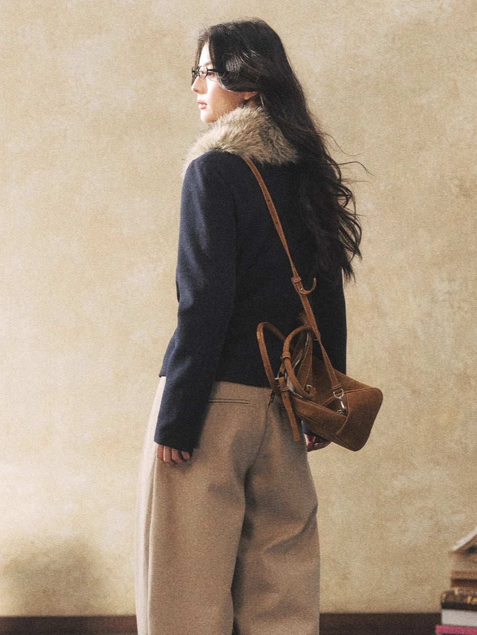 Fur Collar Waist-Defined Wool-Blend Jacket