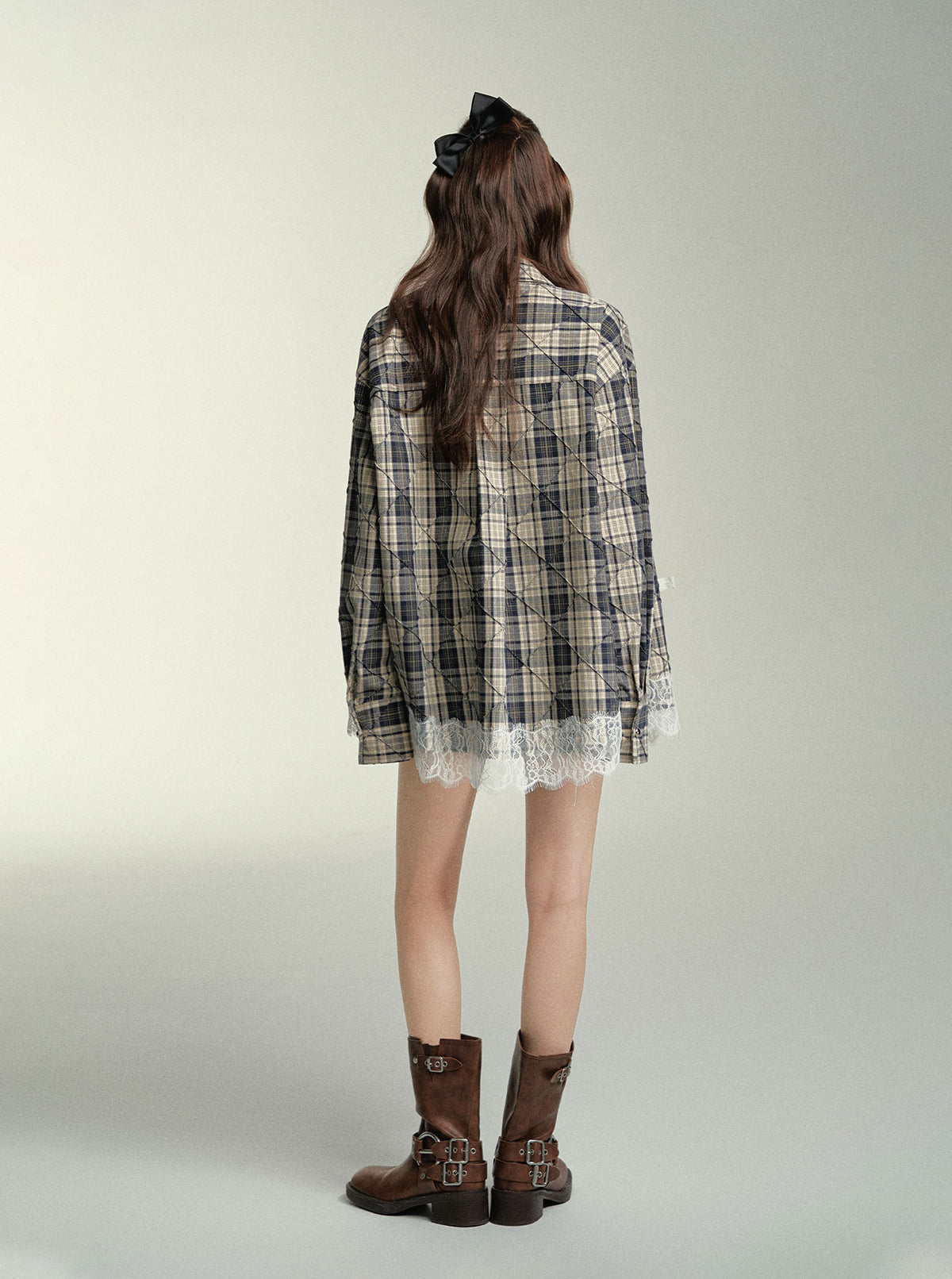 Lace Spliced Plaid Shirt - CHINASQUAD