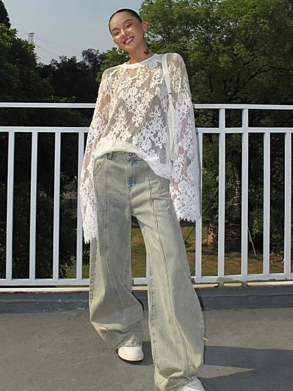 Washed Wide-Leg Denim Pants