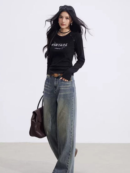 Letter-Print Slim-Fit Long-Sleeve T-Shirt