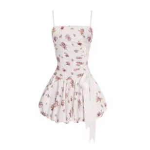 Dream French Floral Bow Waist Puff Dress