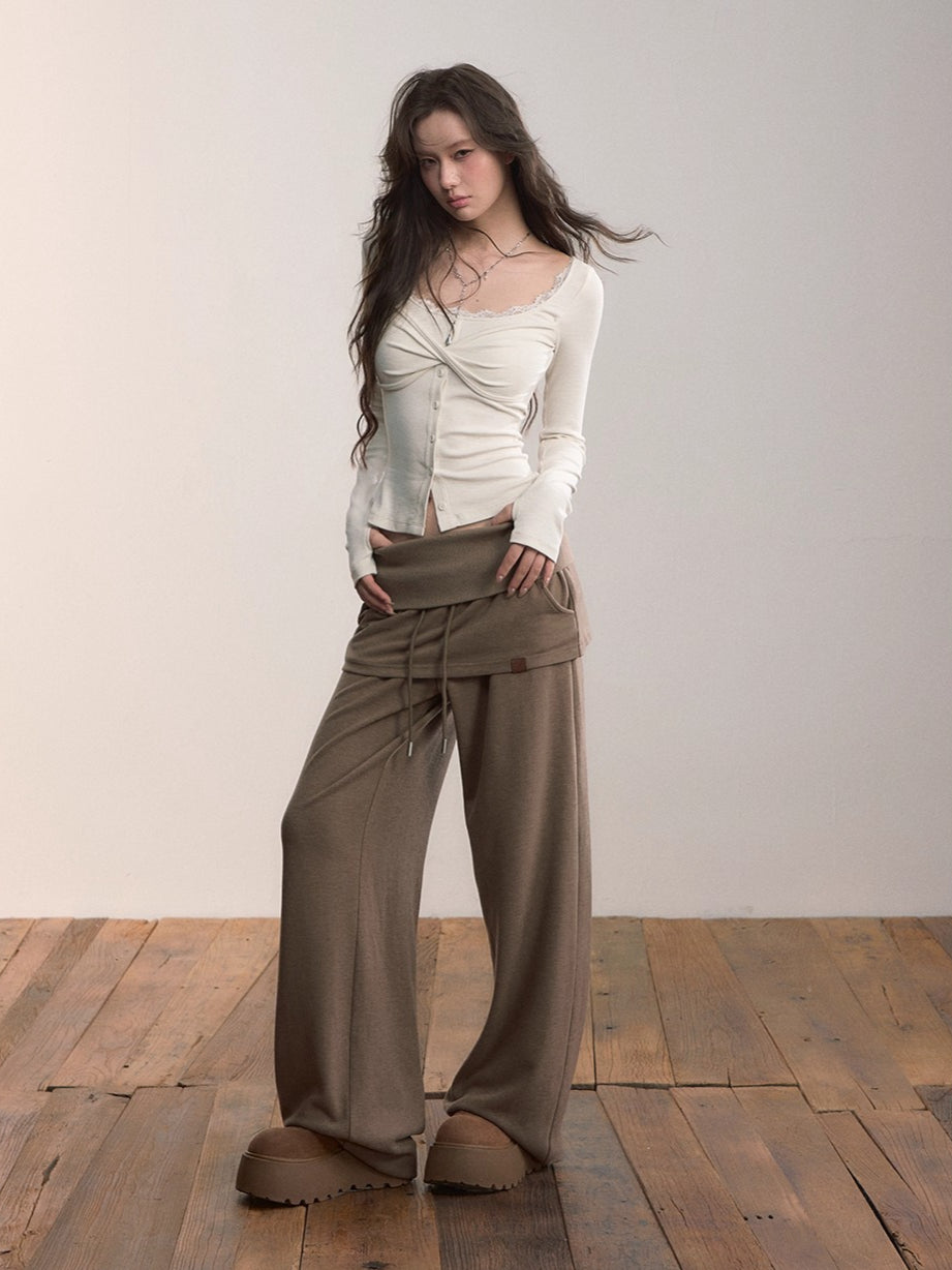 Lace Trim Button-Up Fitted Long Sleeve T-Shirt