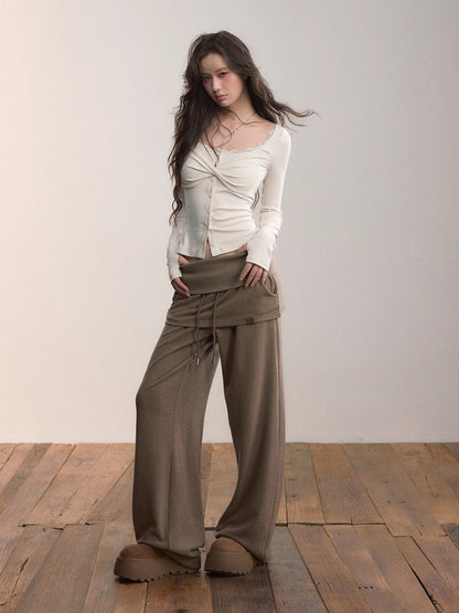 Lace Trim Button-Up Fitted Long Sleeve T-Shirt
